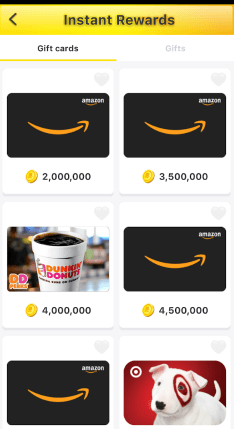 Instant rewards, featuring Amazon, Target, and Dunkin' Donuts gift cards on the Lucky Day app.
