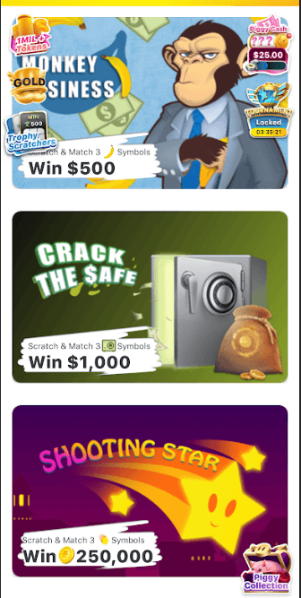 Monkey Business, Crack the Safe, and Shooting Star games shown on the Lucky Day app.