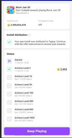 Block Jam 3D status level on the Lucky Day app.