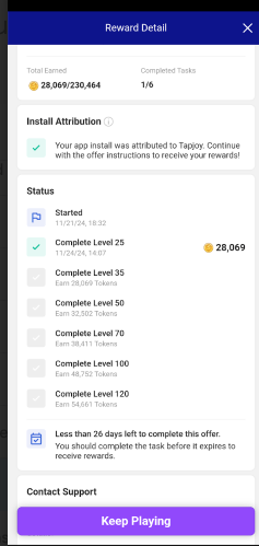 Lucky Day game status, showing a level 25 completed. 