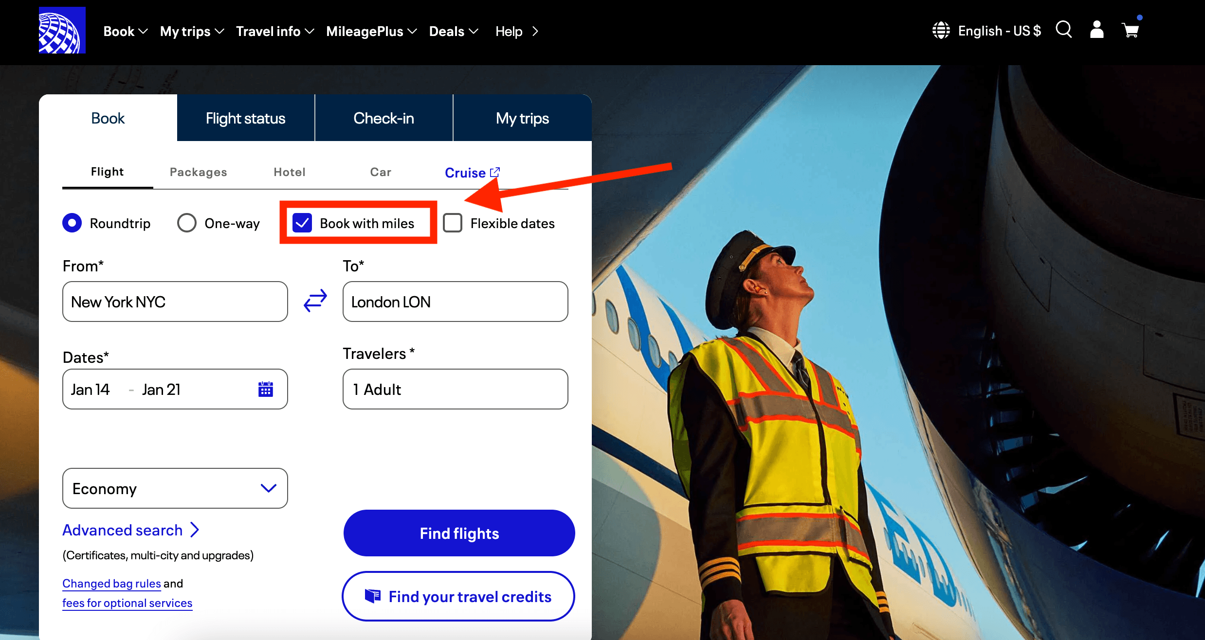 United Miles booking tool with a red arrow pointed at "book with miles" box. 