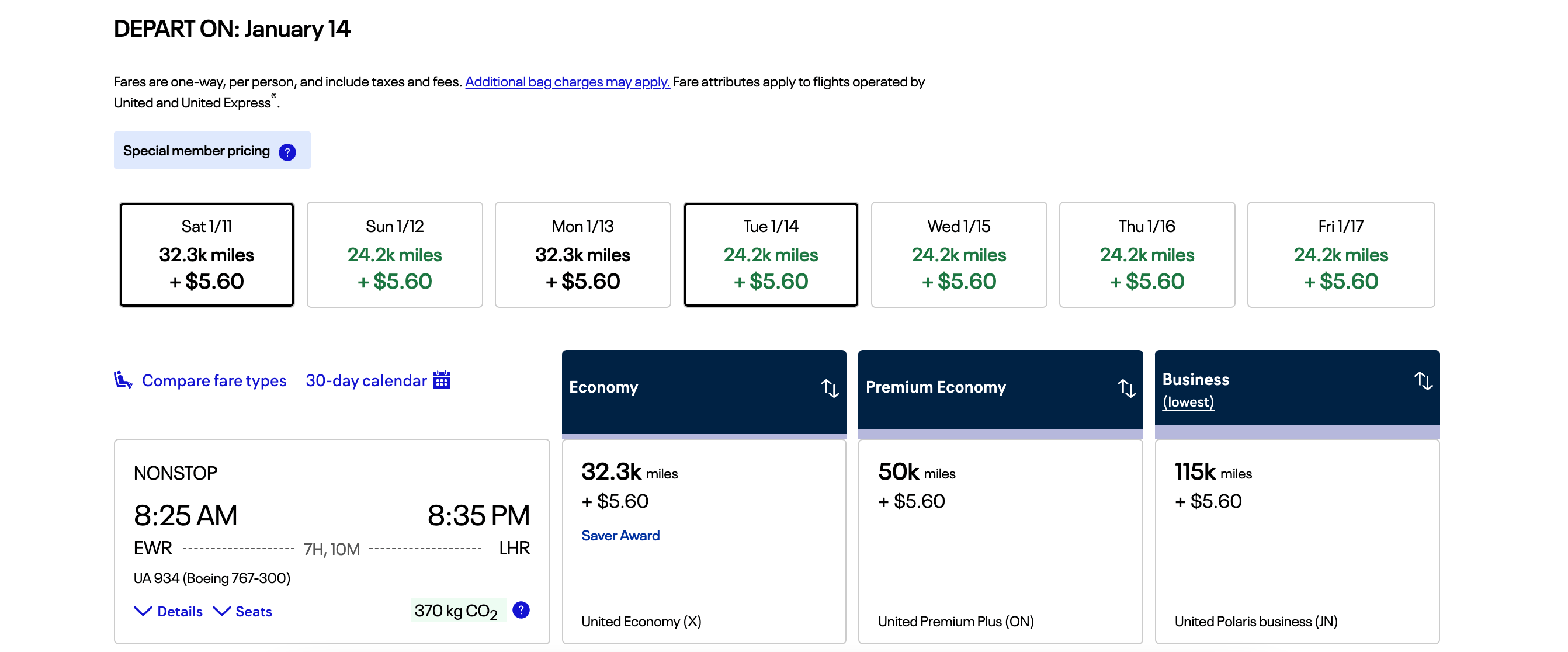 A flight from EWR to LHR for January 14 on the United site.
