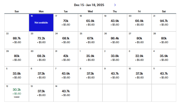 Flights available through United from Dec 15 - Jan 18, 2025.