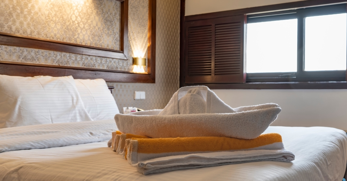 bed in cabin of cruise ship