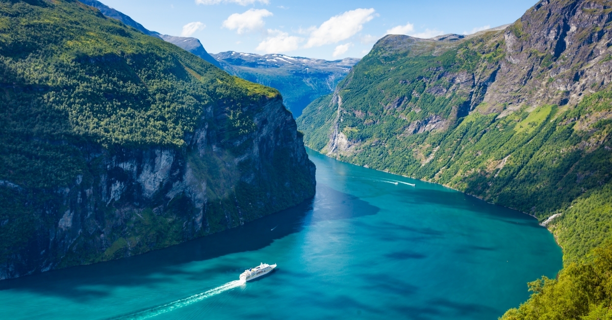 Fjord Geirangerfjord with cruise at Norway