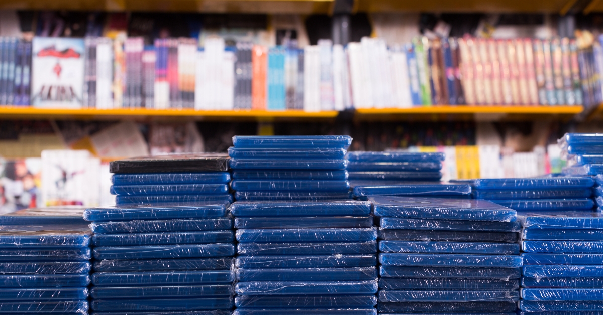 Stacks of new DVDs in store