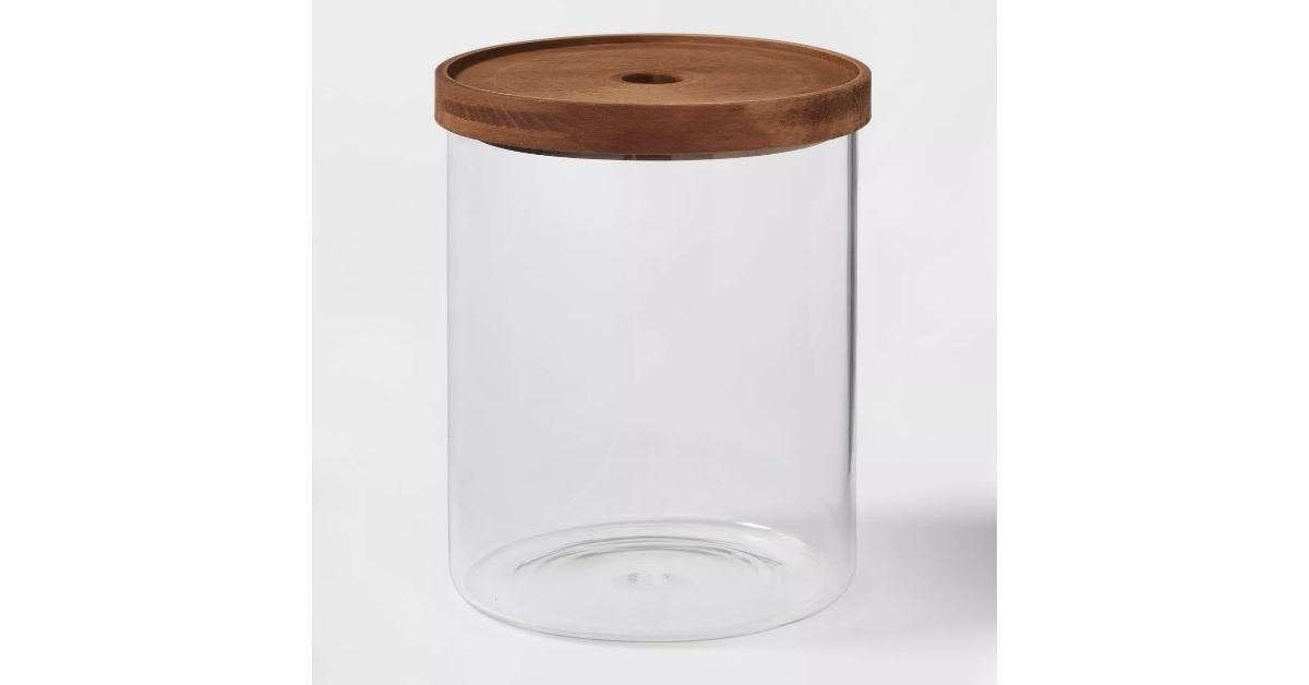 glass storage canister with wood lid