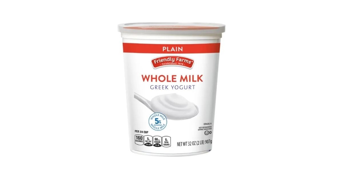 A container of Friendly Farms plain whole milk greek yogurt
