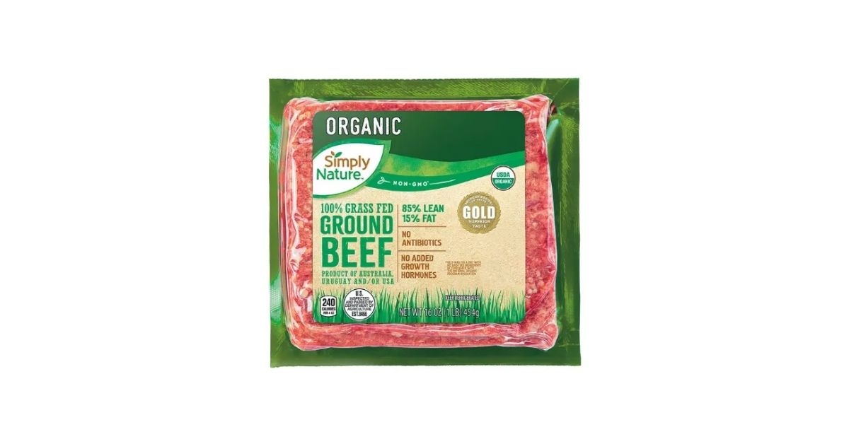 A container of Simply Nature 100% Grass Fed Organic Ground Beef