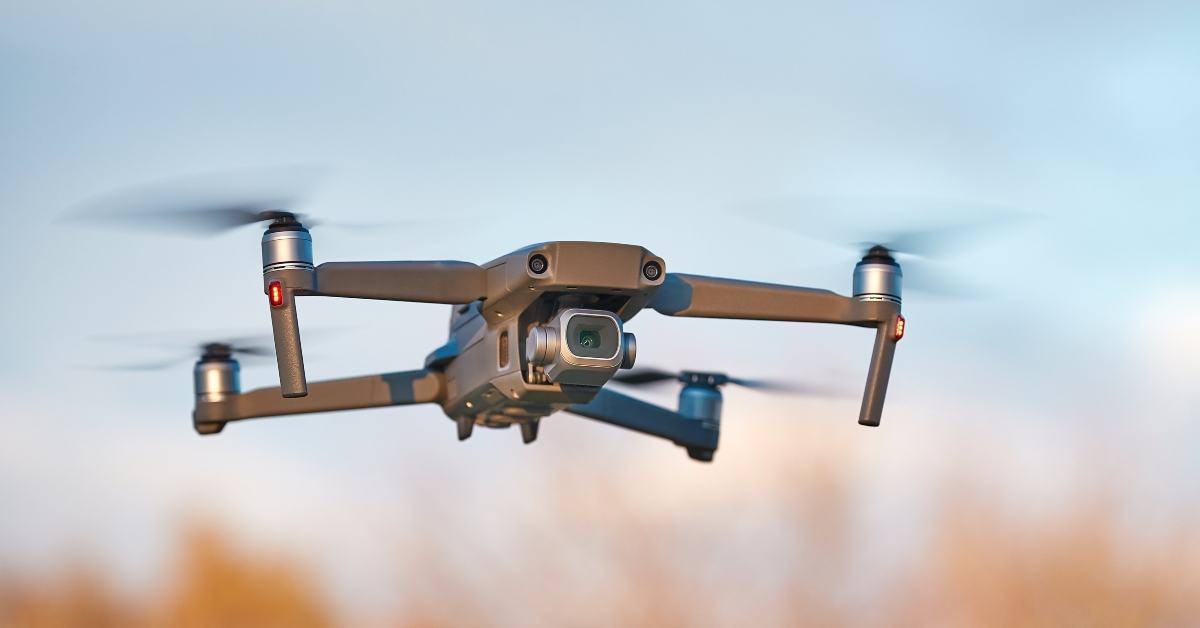 Camera drone flying outside closeup