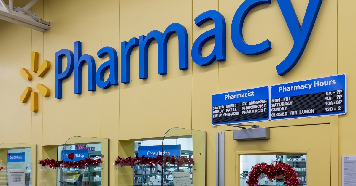 Walmart pharmacy sign inside Walmart store