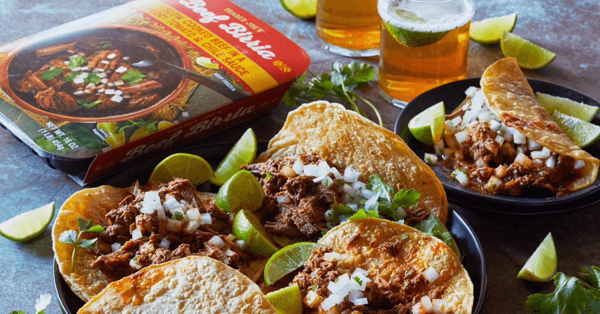 Plate of tacos with Beef Birria and the box from trader Joe's
