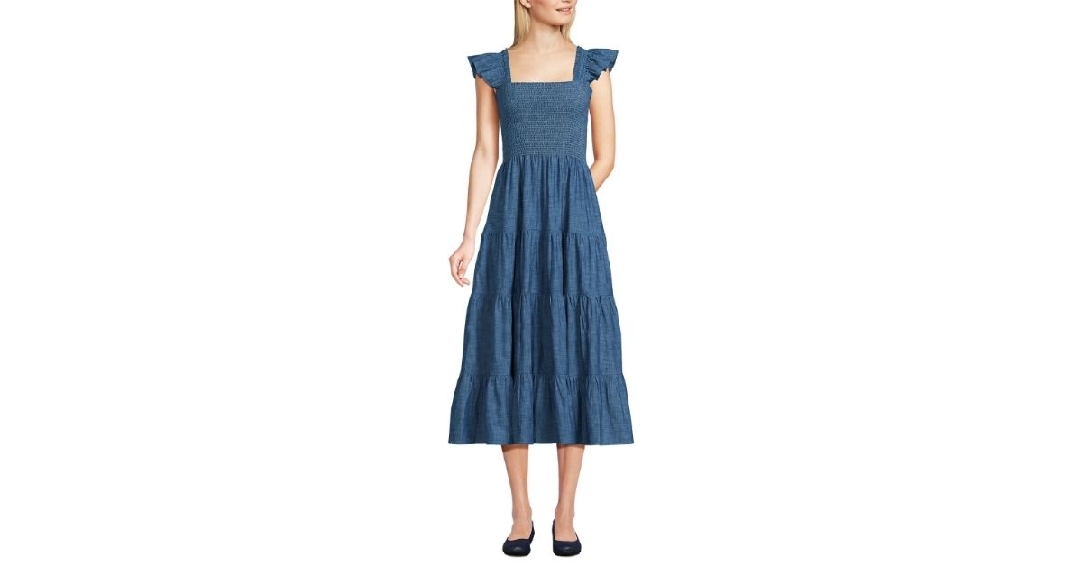 Lands' End Women's Chambray Smocked Dress with Ruffle Straps