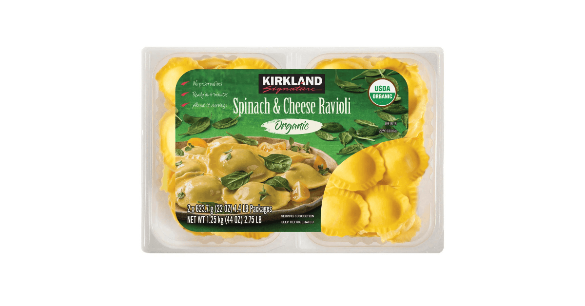 Kirkland spinach and cheese ravioli in a box