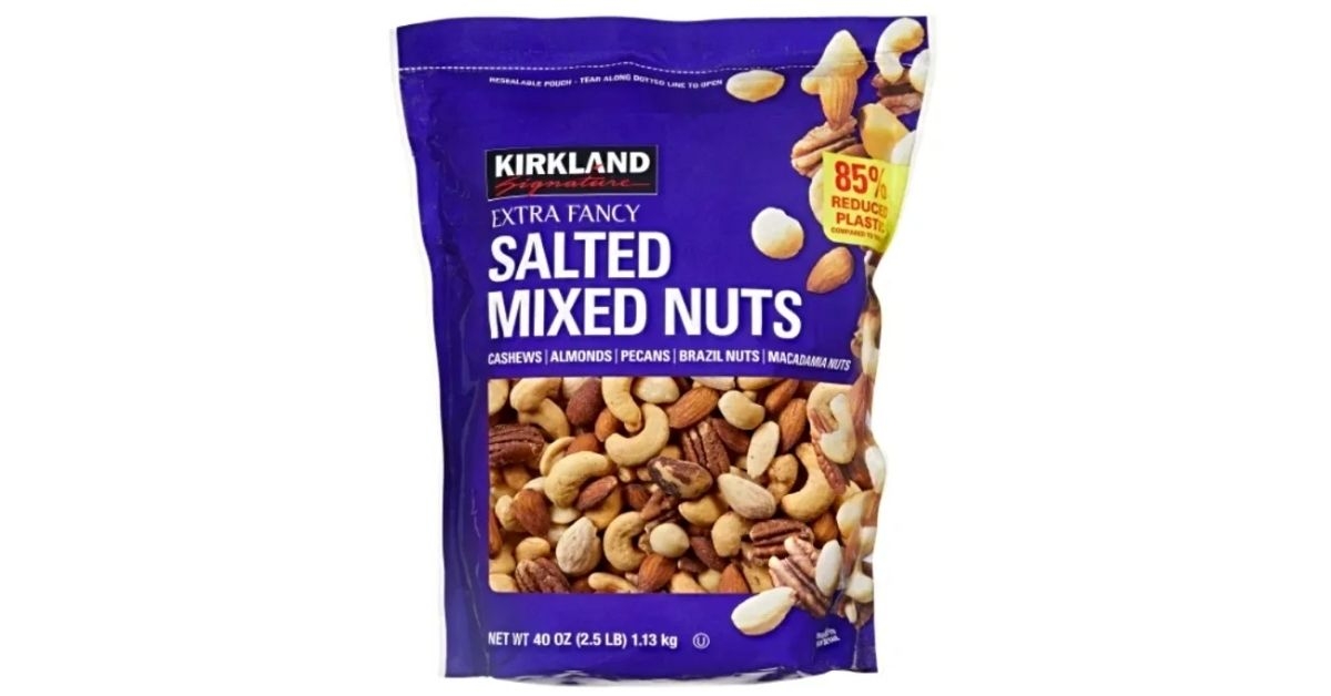A bag of Kirkland Signature Extra Fancy Salted Mixed Nuts 