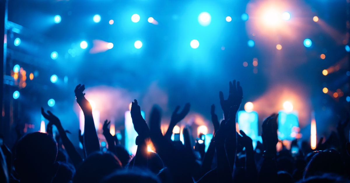 Party people enjoy concert at festival. Summer music festival