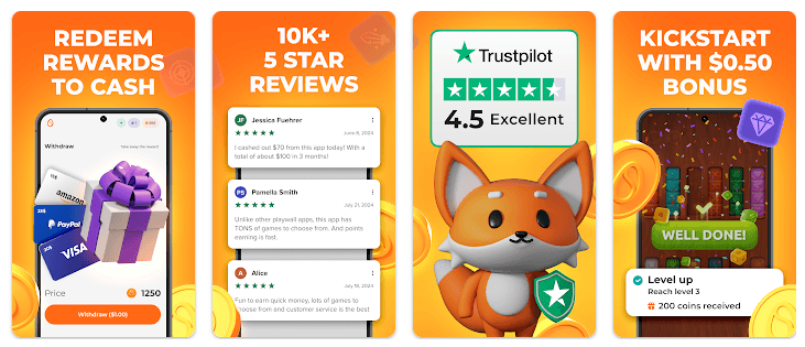 Screenshots from mobile app game in Google Play Store, featuring total reviews, Trustpilot rating, and how to cash out.