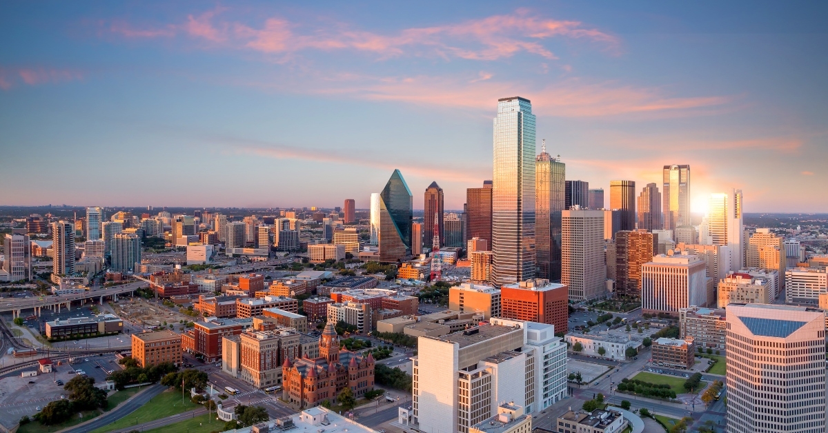 dallas texas cityscape with blue sky at sunset