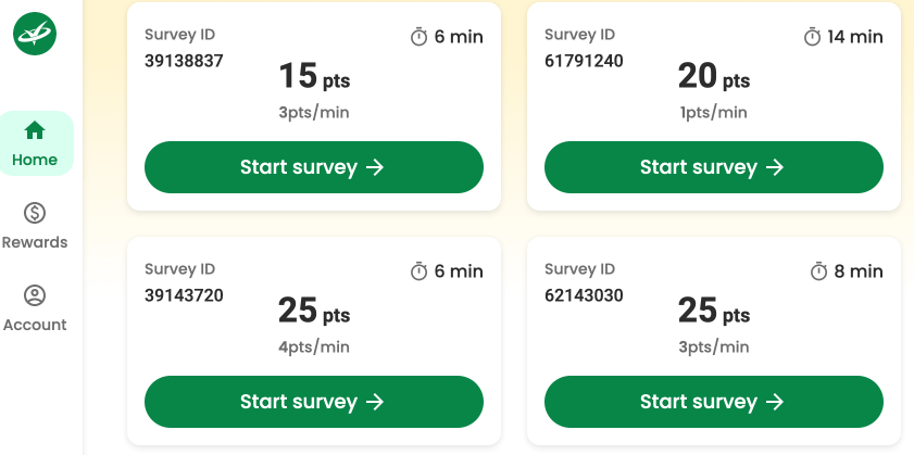 Four surveys showing the estimated time and points value on Survey Junkie.