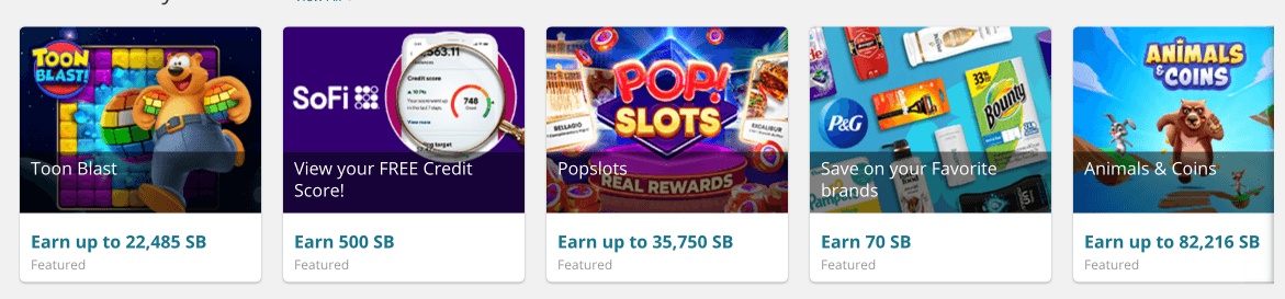 Five brightly colored games showing the SB earning value on Swagbucks.