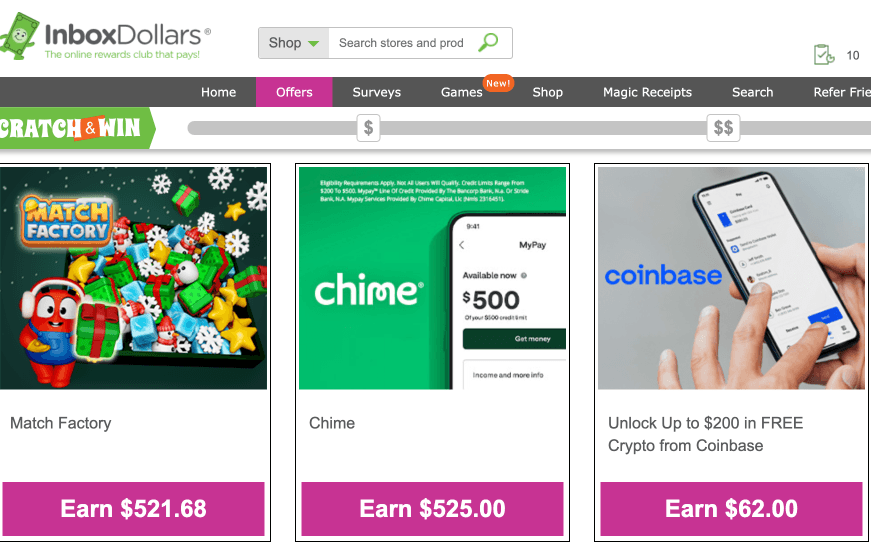Three offers are featured on InboxDollars, including how much a user needs to earn to redeem them.