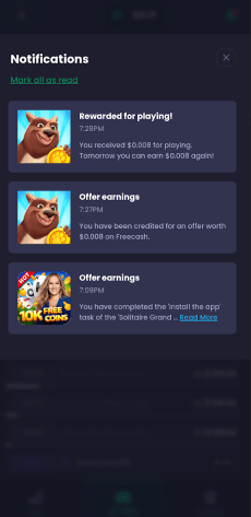 Three notifications are featured on Freecash, including rewarded for playing and offer earnings. 