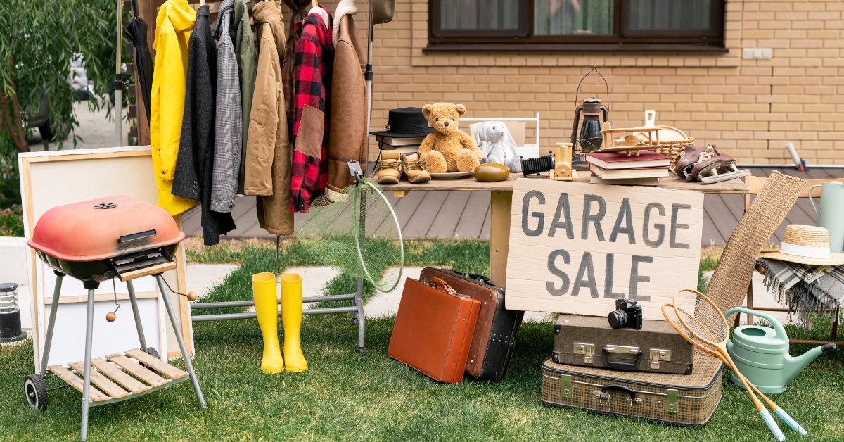interior goods selling at garage market in backyard