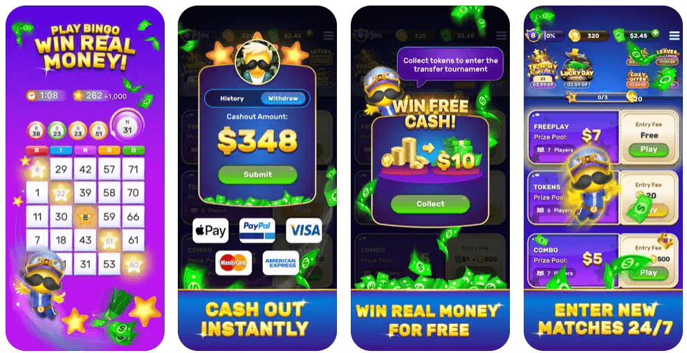 Screenshots of Bingo Stars gameplay in mobile app page, showing user interface and ways to win money