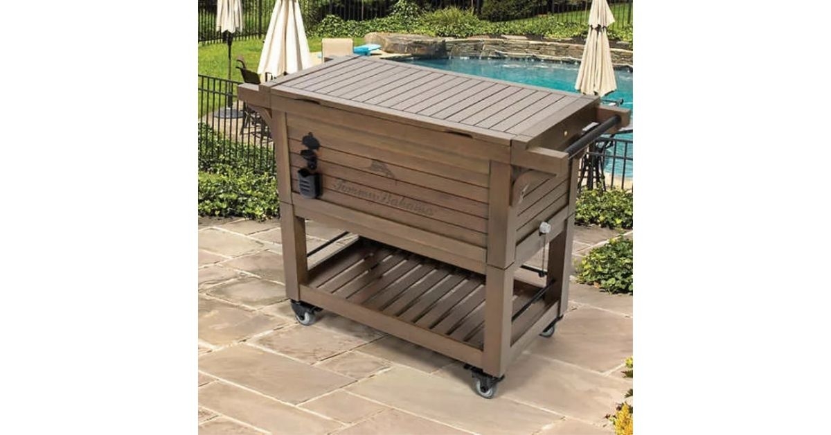 Tommy Bahama 100 Quart Rolling Wood Cooler