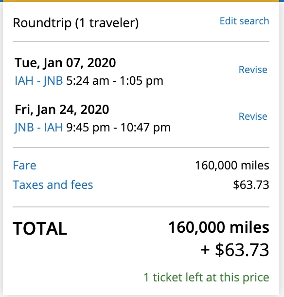 Round trip airfare from IAH to JNB and JNB to IAH.