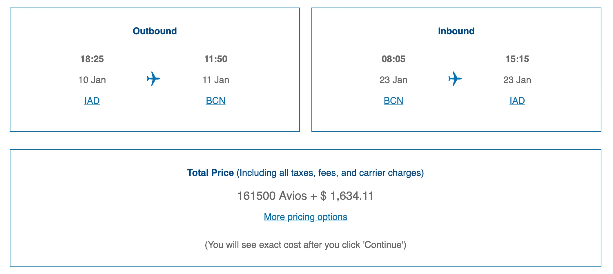 A first class Chase flight from Washington, D.C. to Barcelona showing the transferred points to Avios.