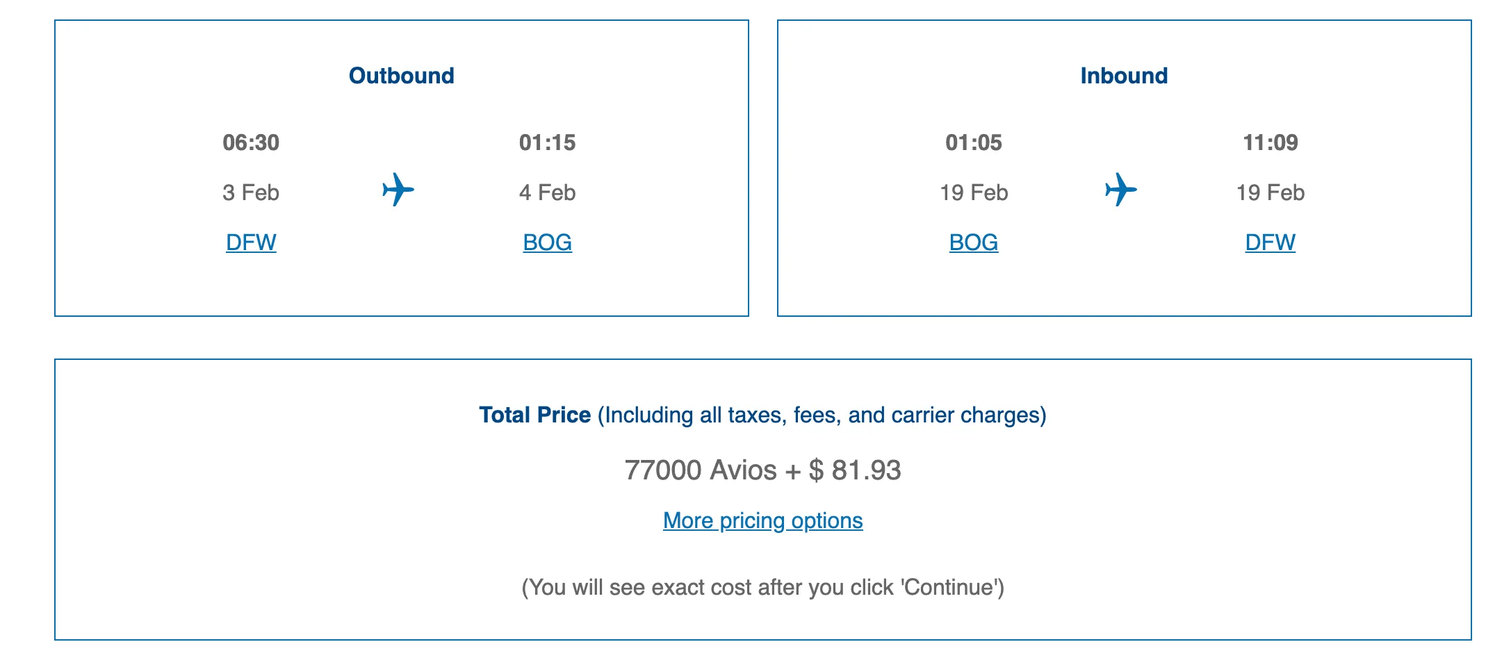 A first class American Airlines from Dallas to Bogotá, Colombia, showing the points transferred to Avios.