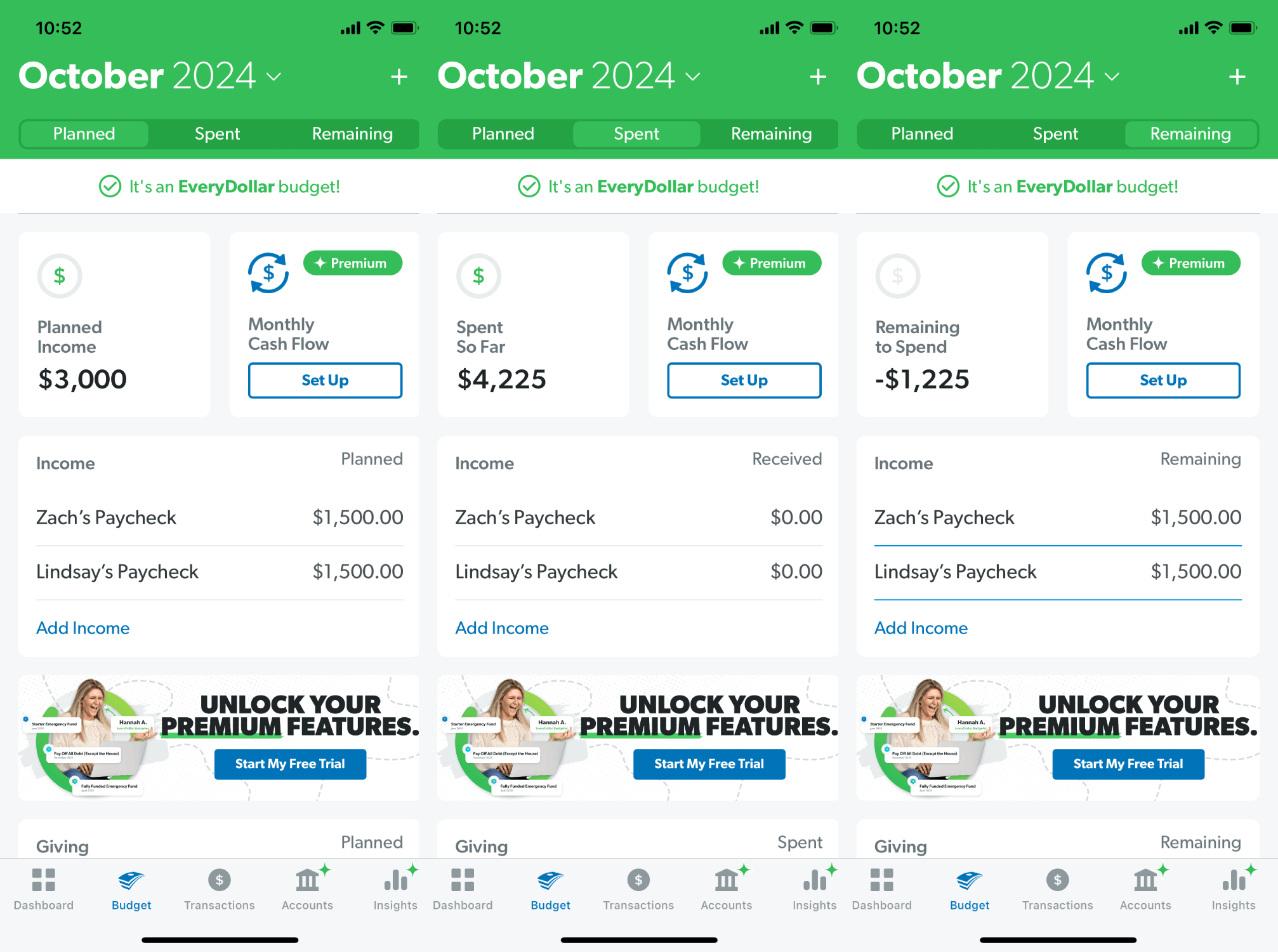 EveryDollar budgeting app, showing the Planned, Spent, and Remaining tabs.
