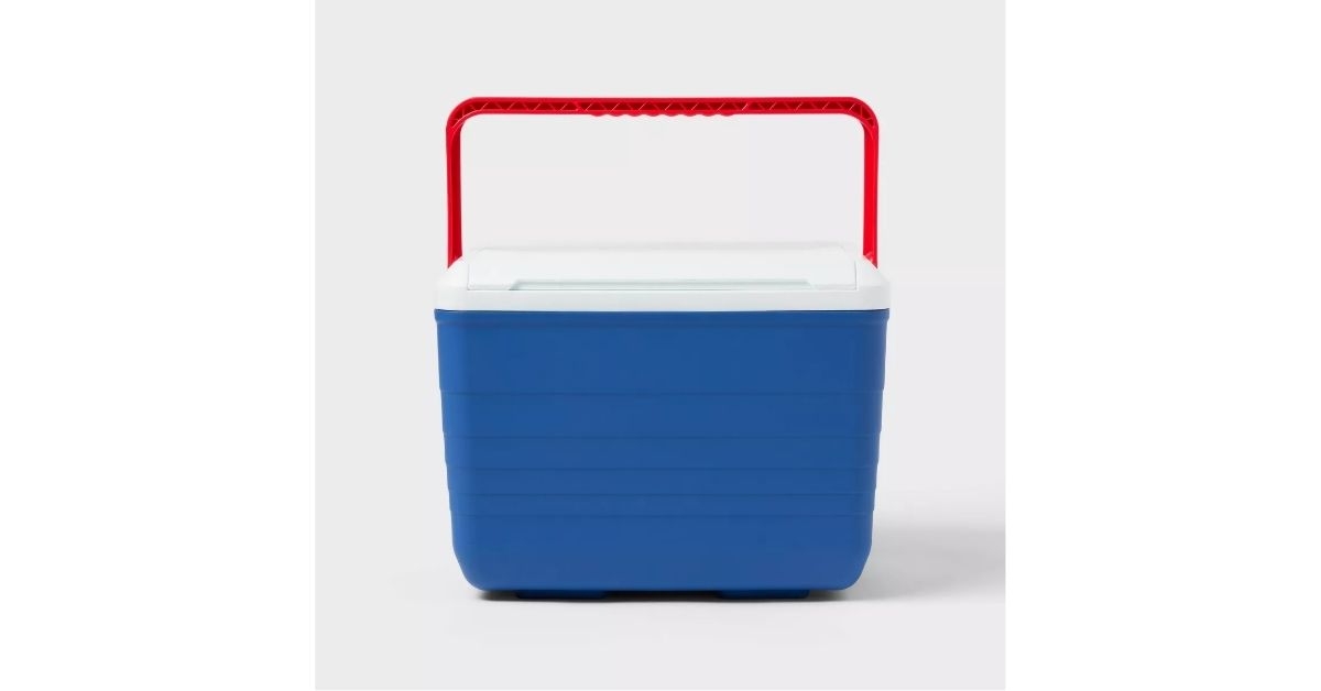a blue cooler with red handle
