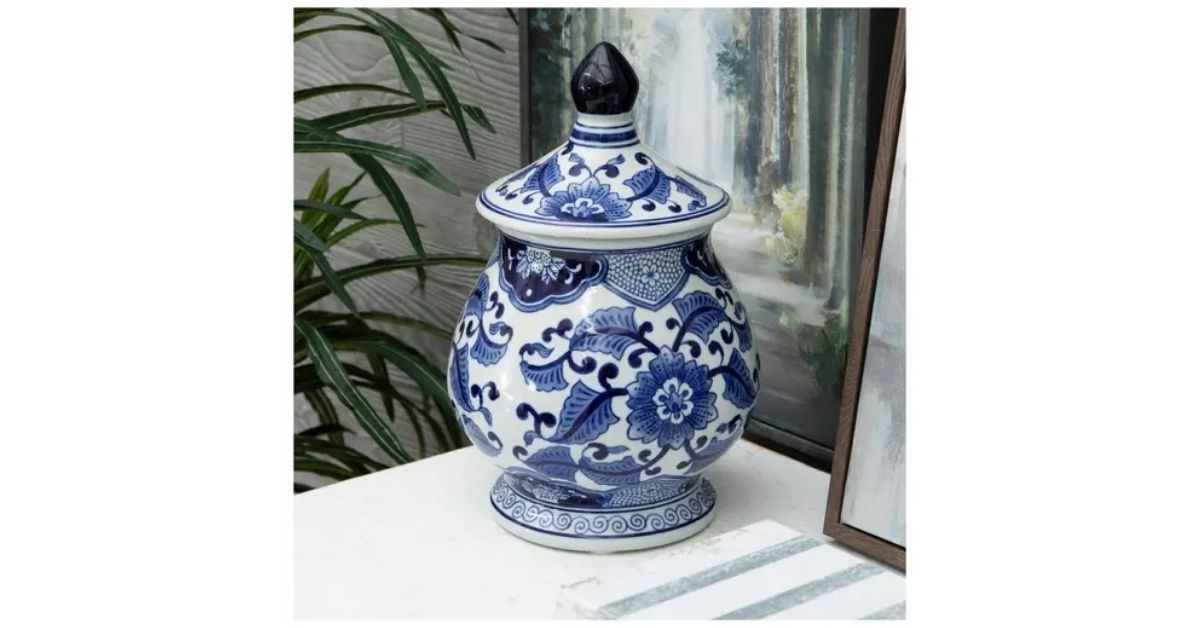 blue white floral canister