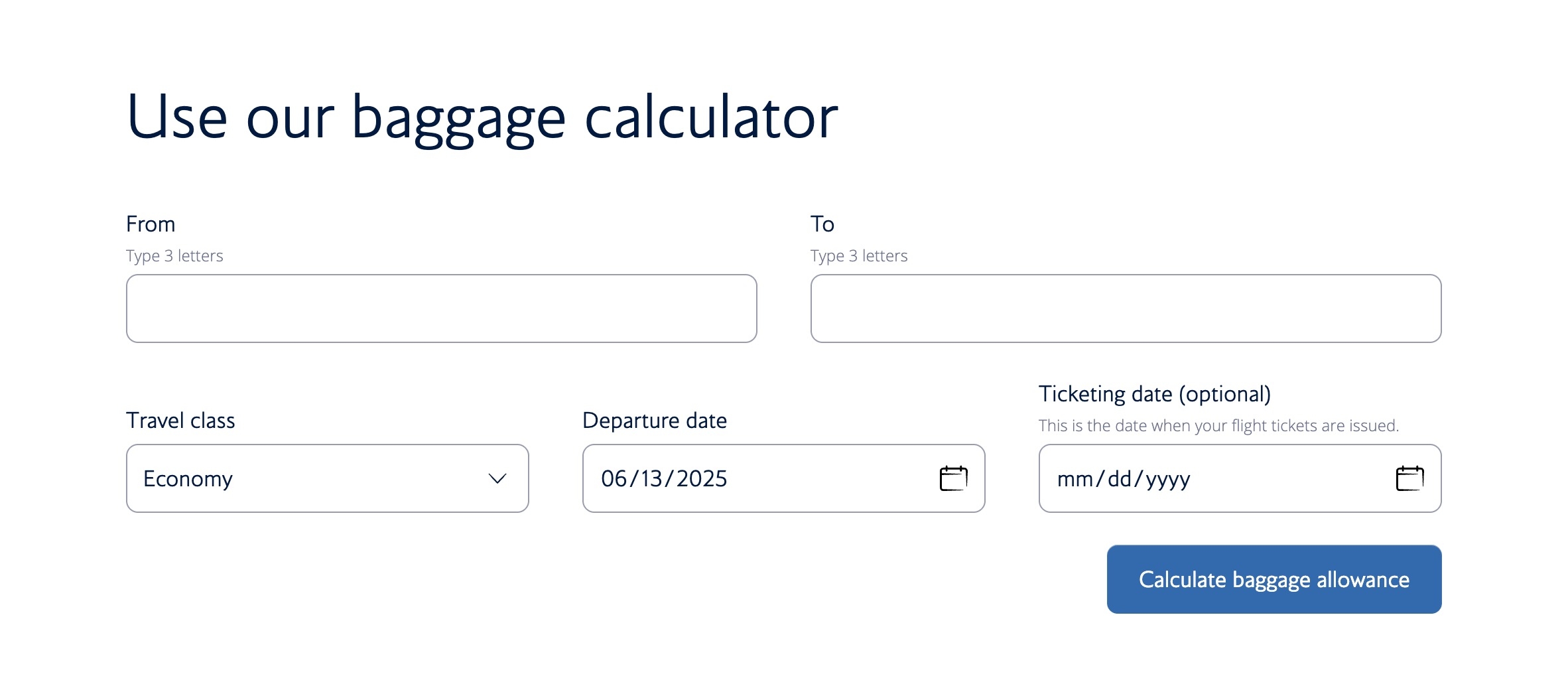 baggage fee calculator screenshot
