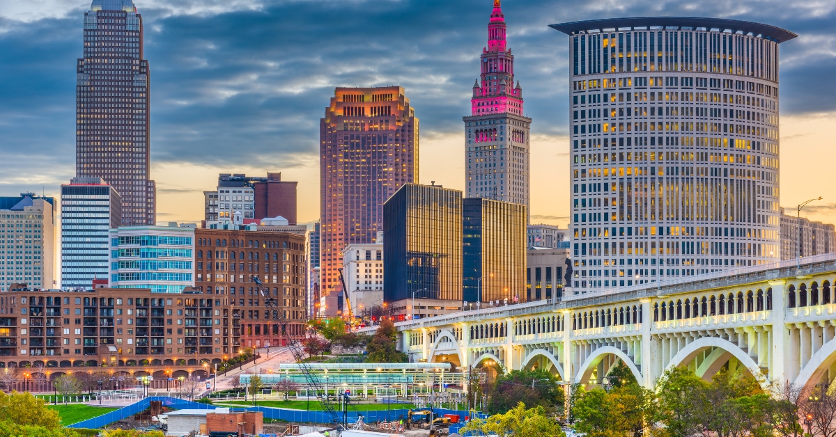 downtown city skyline on the cuyahoga river