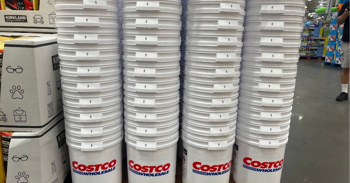stacks of costco buckets