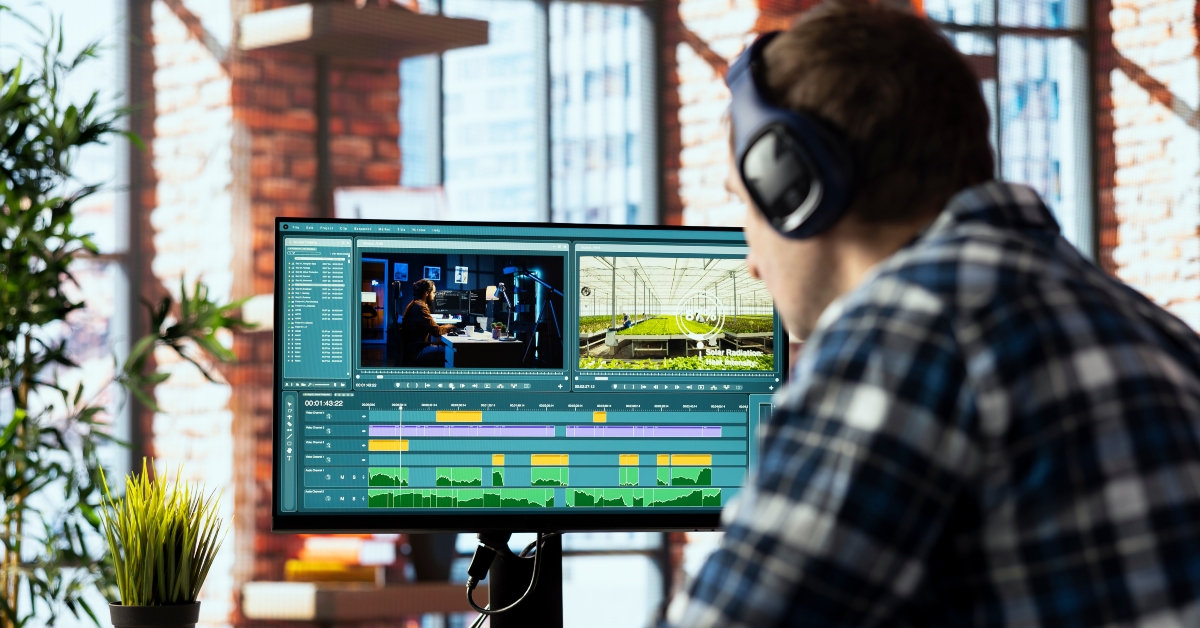 Remotely working videographer in home office