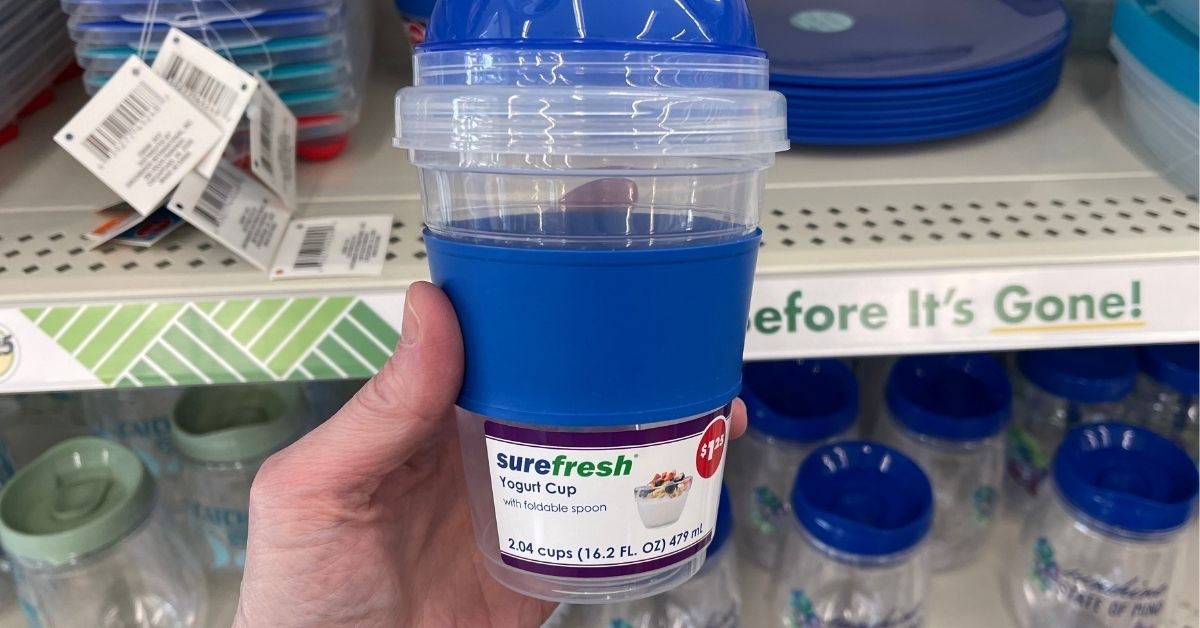 a blue yogurt cup