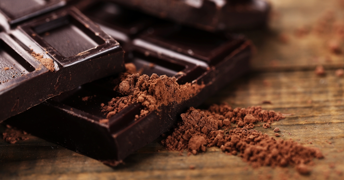 Dark chocolate with cocoa powder, closeup 