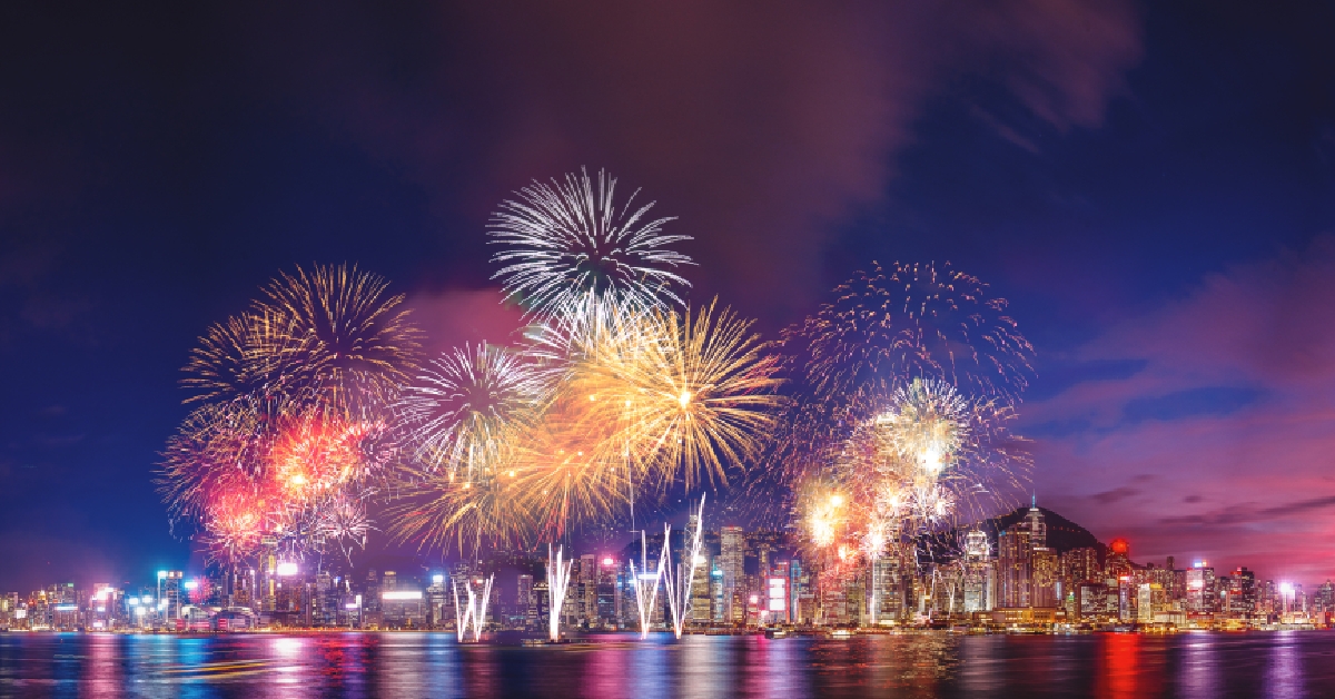 panorama view of hong kong fireworks