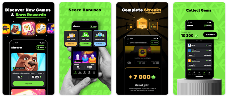 Screenshot of Cash Giraffe game being played with descriptions of how it works from the Google Play Store