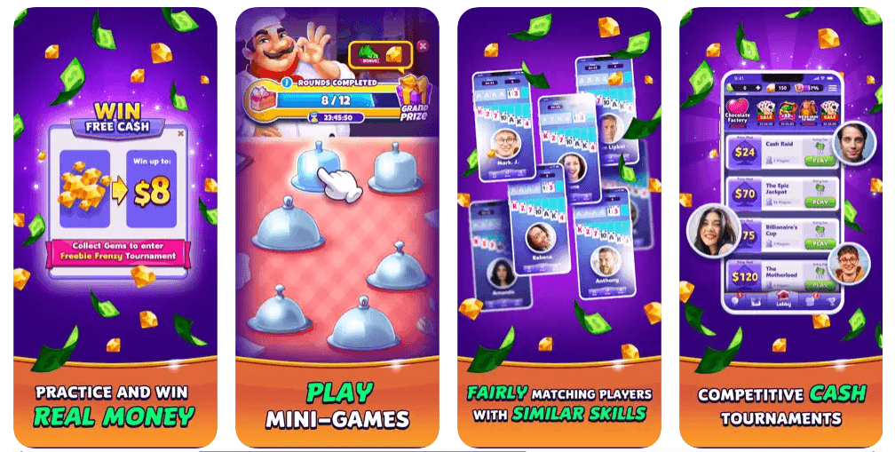 Screenshot of Solitaire Smash app being played and description of how it works from the Apple App Store