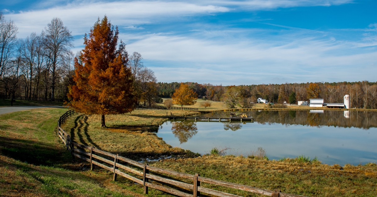 farm buildings on a lake in north carolina 