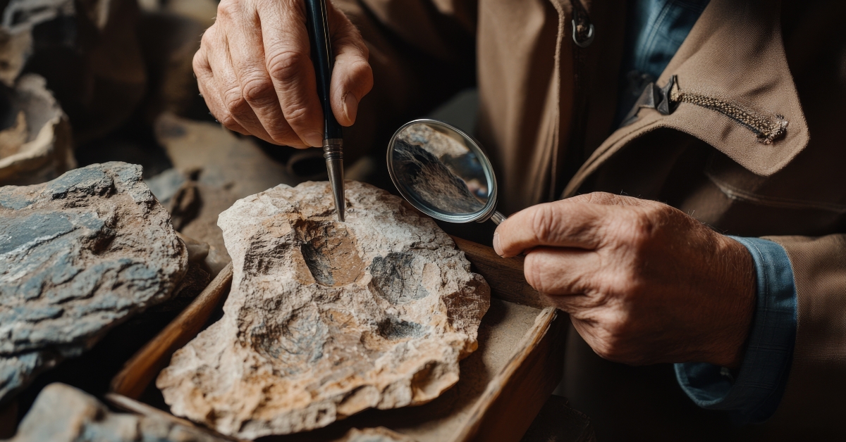 archaeologist examines fossils