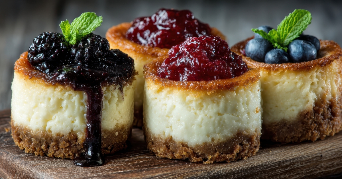 mini cheesecakes topped with fresh fruit