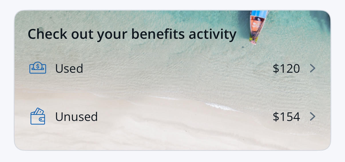 Screenshot of Chase dashboard showing benefits used and unused for the Chase Sapphire Preferred Card