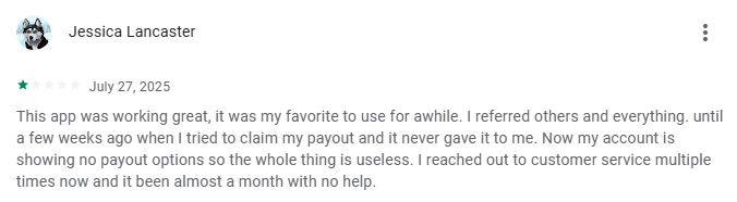 Screeshot of negative Cash Giraffe app review that talks about issues with payout and customer service