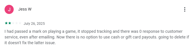 Screenshot of negative Cash Giraffe review that talks about issue with app's tracking functionality.